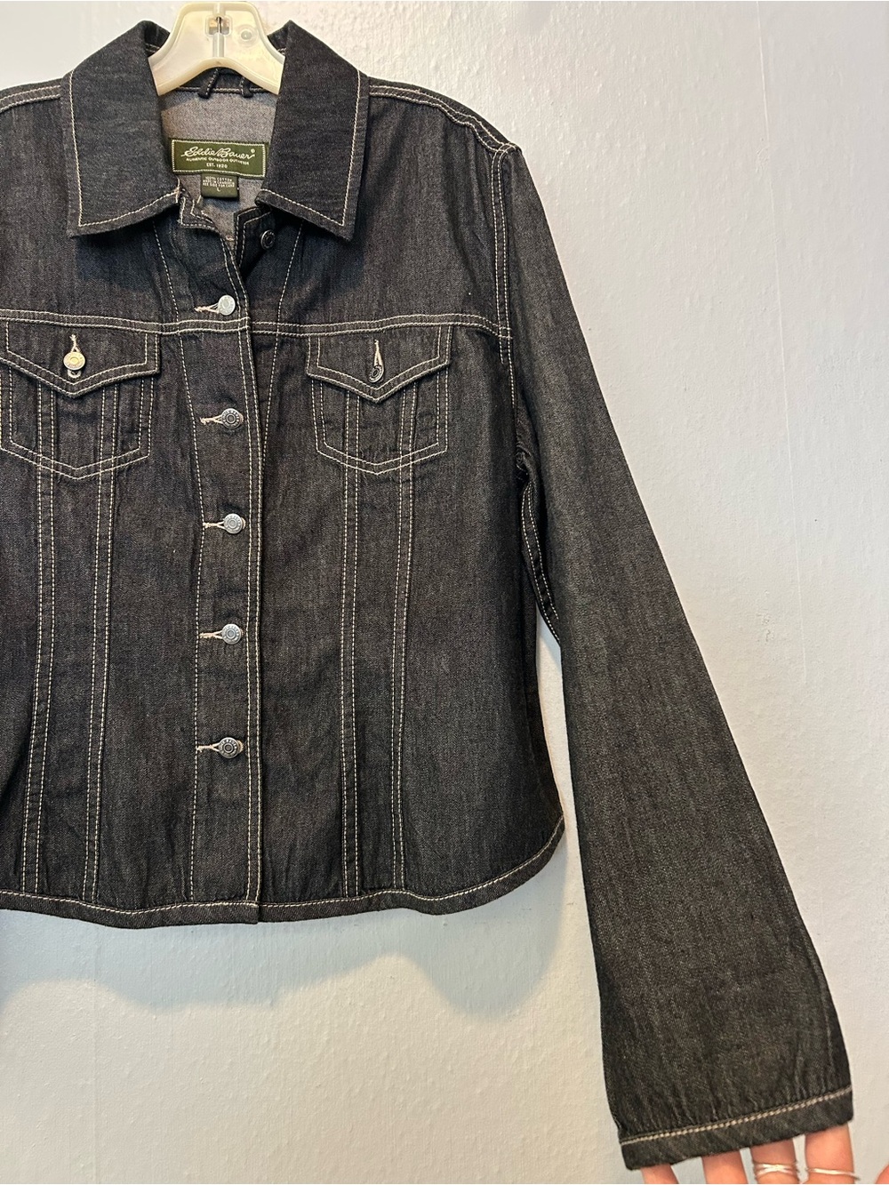 Eddie Bauer Black Denim Jacket with White Stitching - Picture 7 of 11